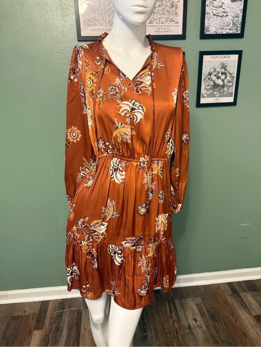 LOFT Rust Floral Long-Sleeve Tiered Dress NWT Small Petite